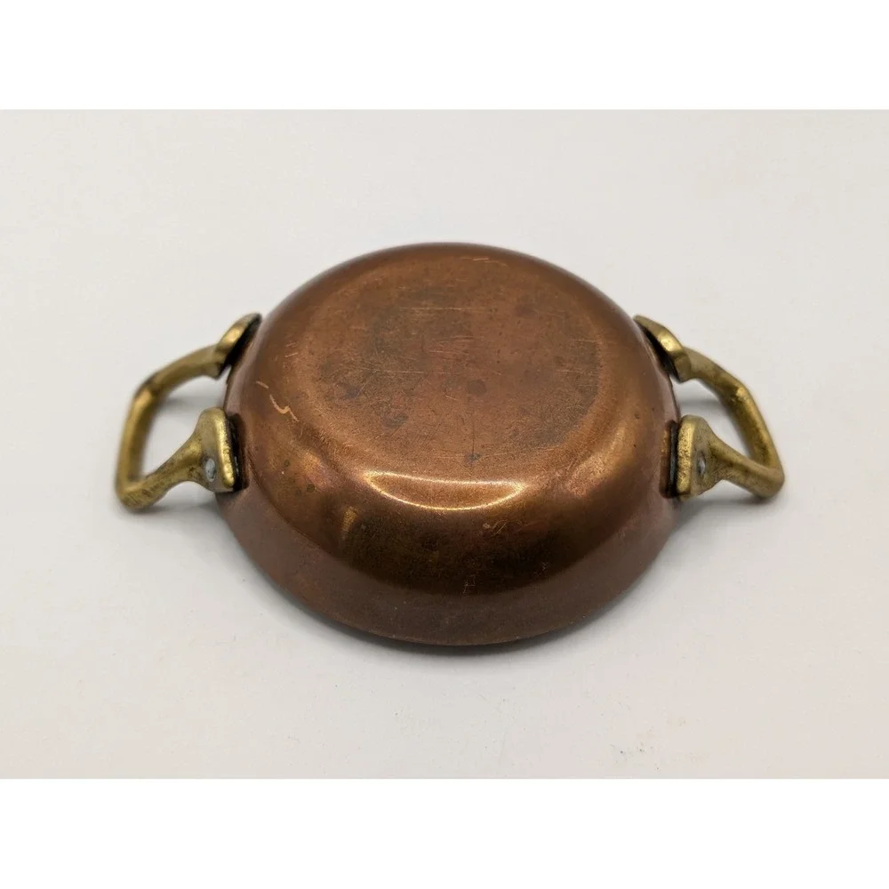 Vintage Miniature Copper Skillet Brass Handles Small Decorative Frying Pan 3.5in
